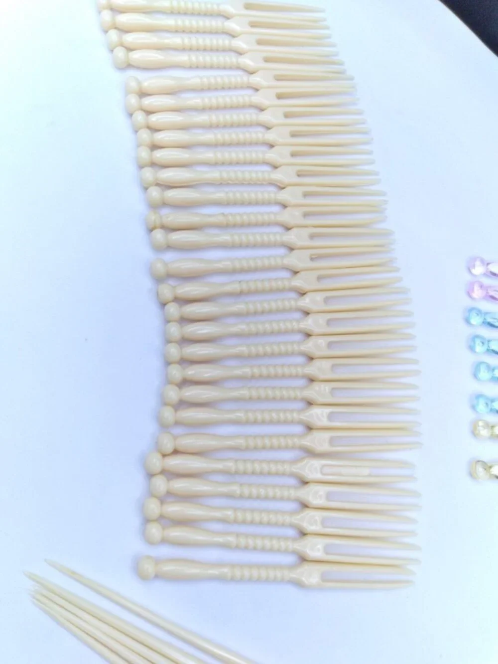 hors d'oeuvre fork tooth picks ivory tone and multicolored plastic vintage